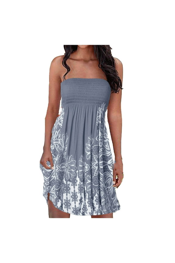 Beach Dresses for Women Casual Summer, Strapless Dress for Women Summer Floral Printing Beach Boho Smocked Tube Top Mini Dress Sundresses