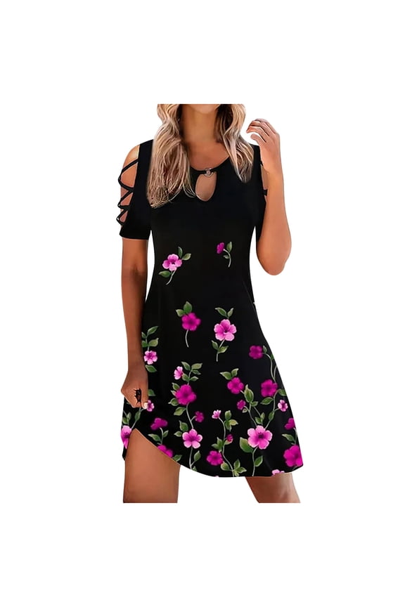 USSUMA Dresses For Women Party Casual,Women's Summer Cold Shoulder Knee-Length Dress Floral Hollow Out Short Sleeve Beach Dress Casual Loose Sundress