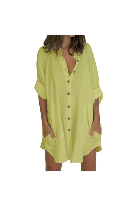 Beach Dresses for Women Casual Summer, T Shirt Dress Women Knee Length 3/4 Sleeve Long Shirt Dress Blouse Mini Dress Casual Solid V Neck Tunic Top