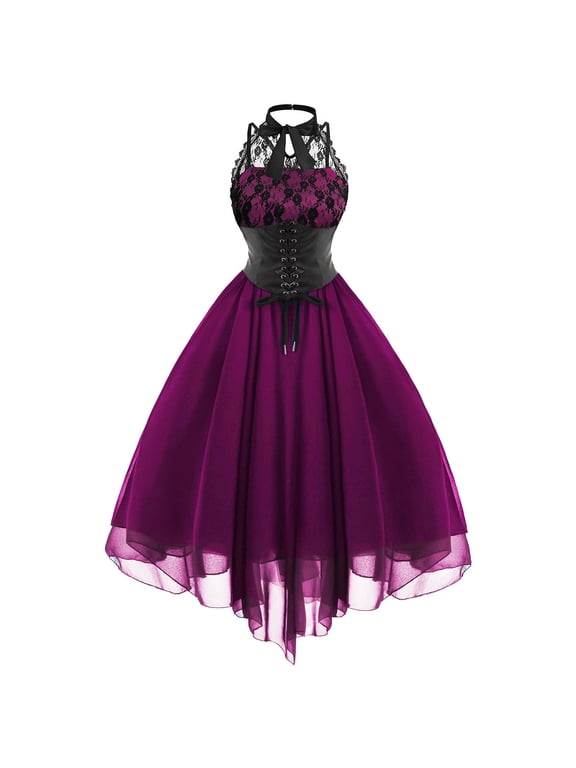Beach Dresses for Women Casual Summer, Women's Sleeveless Gothic Dress with Corset Halter Lace Swing Cocktail Dress Formal Punk Hippie Dresses