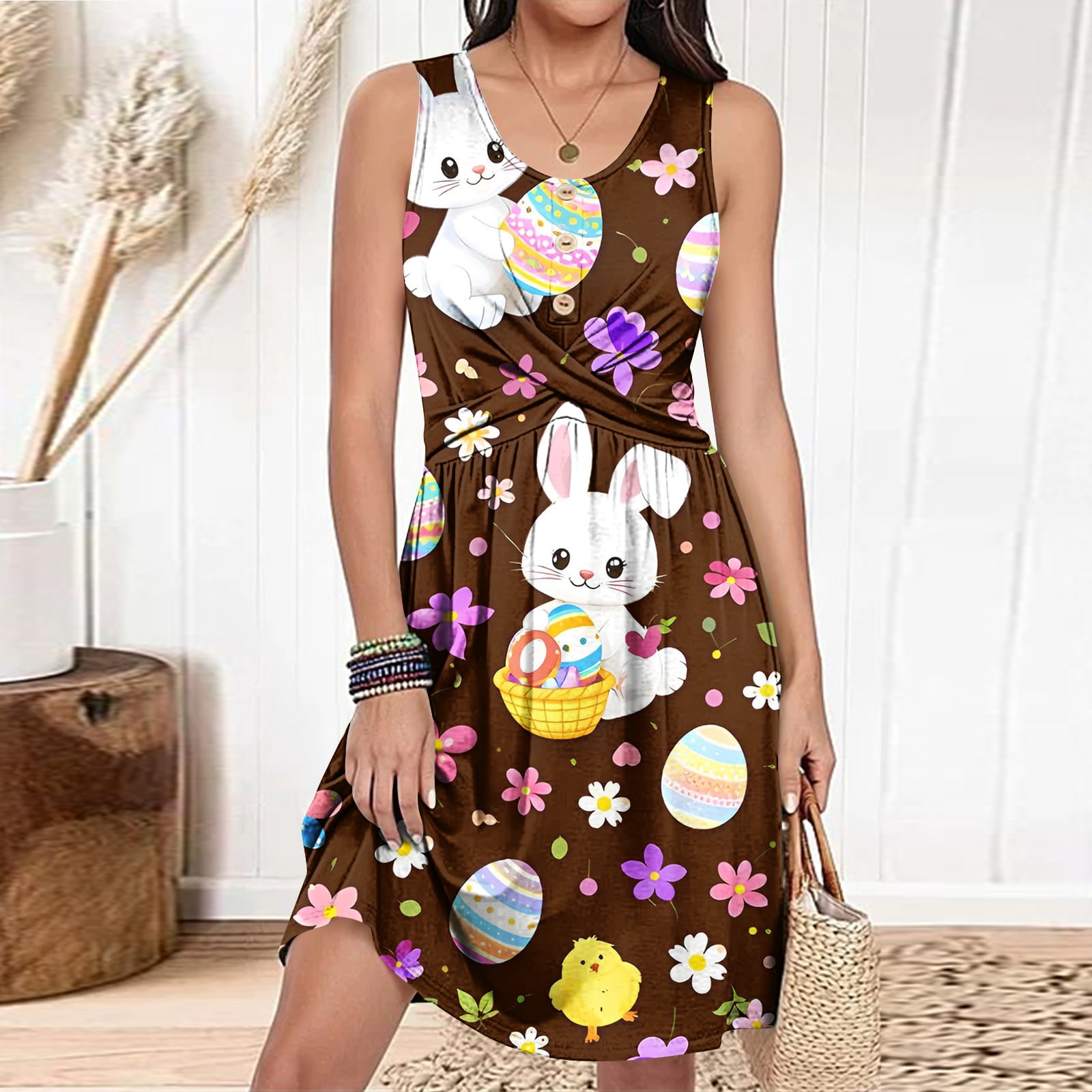 Beach Dresses for Women Easter Bunny Printed Tank Dress Scoop Neck ...
