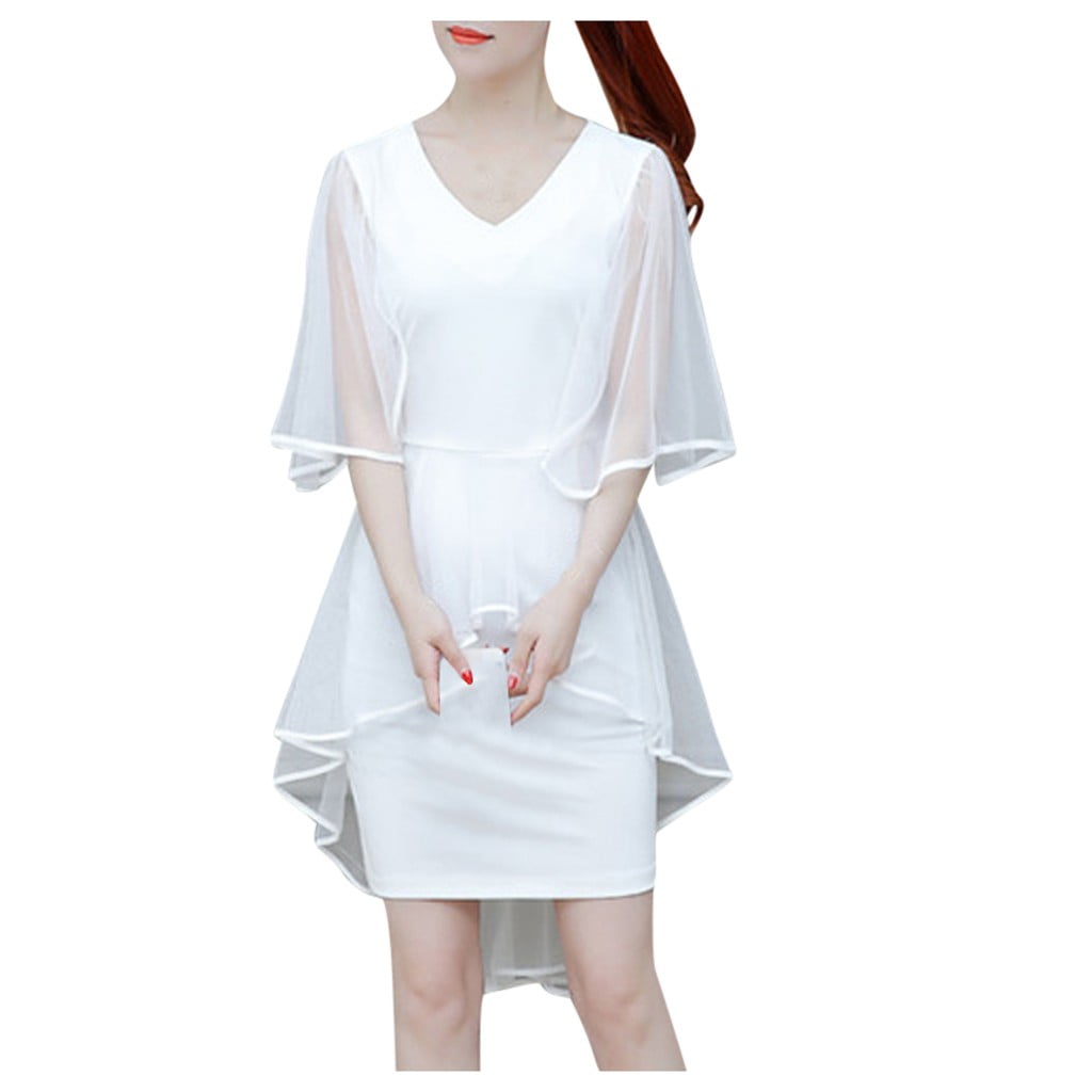 Beach Dresses for Women Elegant VNeck Short Sleeve Pure Color Party Dress Fashion Lady White