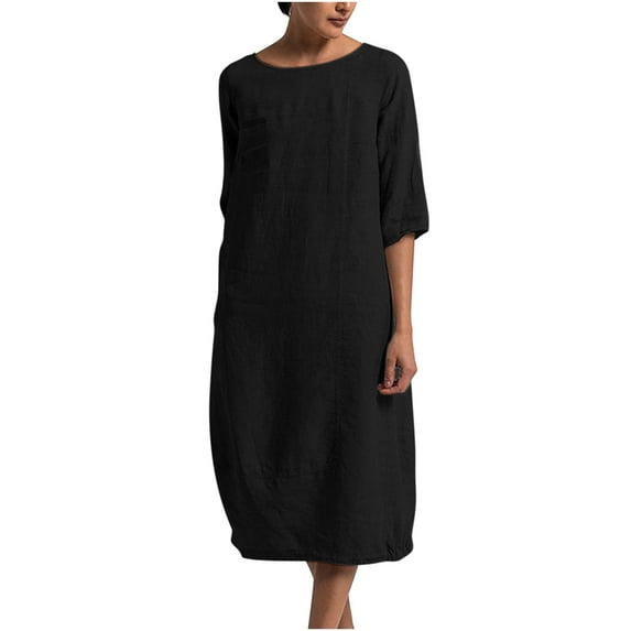 Beach Dresses for Women Plus Size Women's Fashion Round Neck Loose Short Sleeve Solid Mid-Calf Dress Long Dress Style B-32 Black 5XL