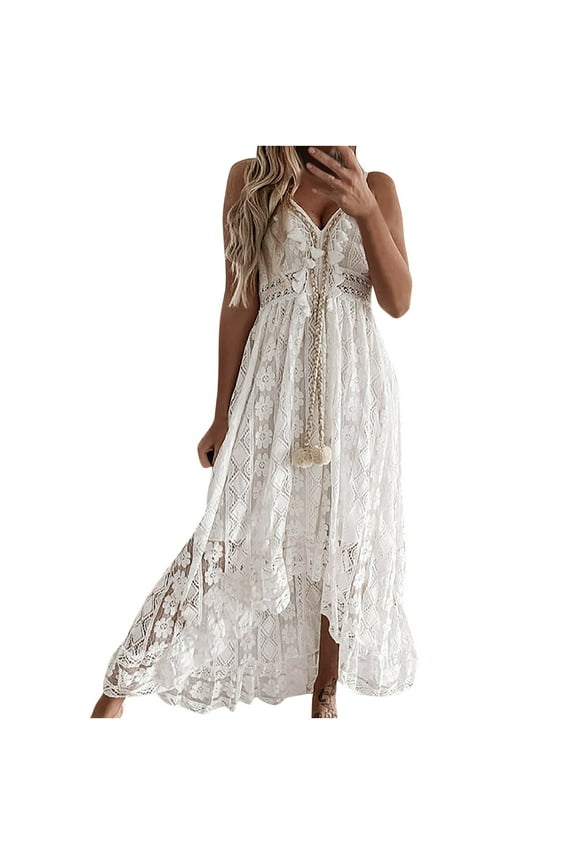Beach Dresses for Women Summer Boho Vacation V Neck Sleeveless Long Dress Halter Hollow Lace Flowy White Dress