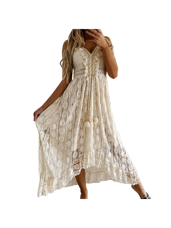 Beach Dresses for Women Summer Boho Vacation V Neck Sleeveless Long Dress Halter Hollow Lace Flowy White Dress