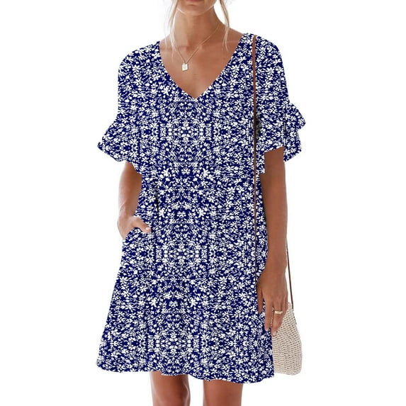 Women's Summer Beach Dresses Casual V-Neck Dress Pocket Printed Short Sleevele Ruffle Dress