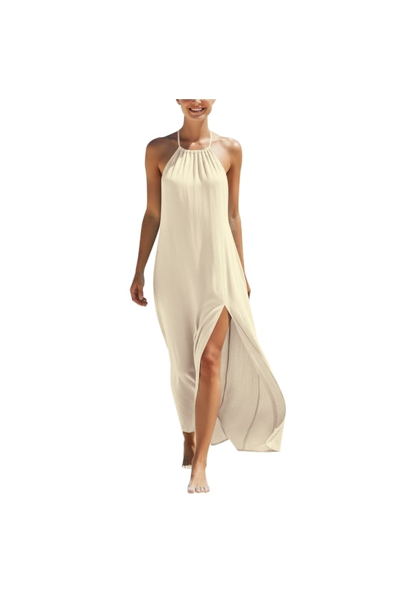Beach Dresses for Womens 2026 Summer Fashion Oversize Sleeveless Backless Dress Hanging Neck Beach Vacation Solid Color Long Dress