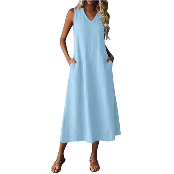 Beach Dresses for Womens 2026 Summer Fashion Oversize Spring And V-neck Solid Color Short Sleeveless Casual Zipper Dress