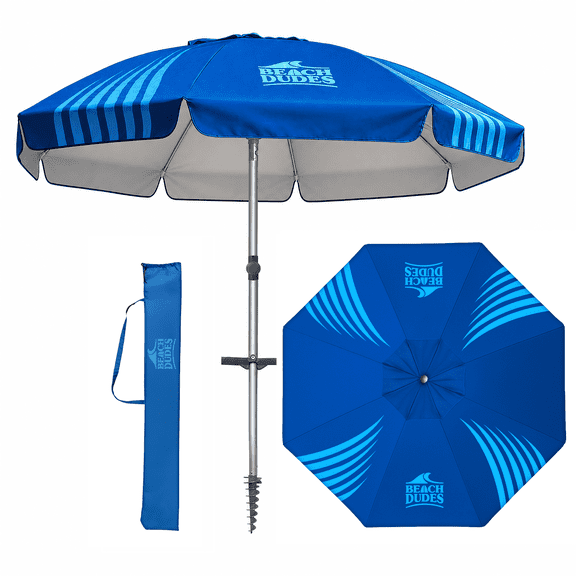 Beach Dudes 8FT Beach Umbrella, 4‑Point Wind Mitigation System, UPF 50+, Double Vent, Fiberglass Ribs, Marine‑Grade Pole, Integrated Anchor – lIight Blue