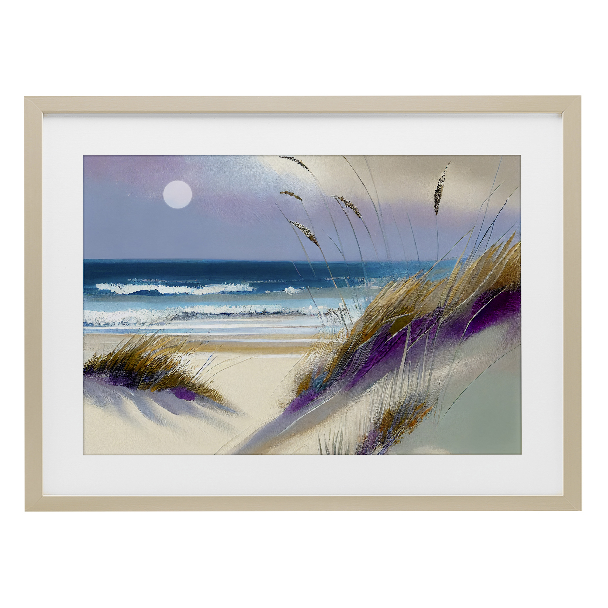 Beach Dunes Serenity Birch Framed Print Under Glass, design by Sasha