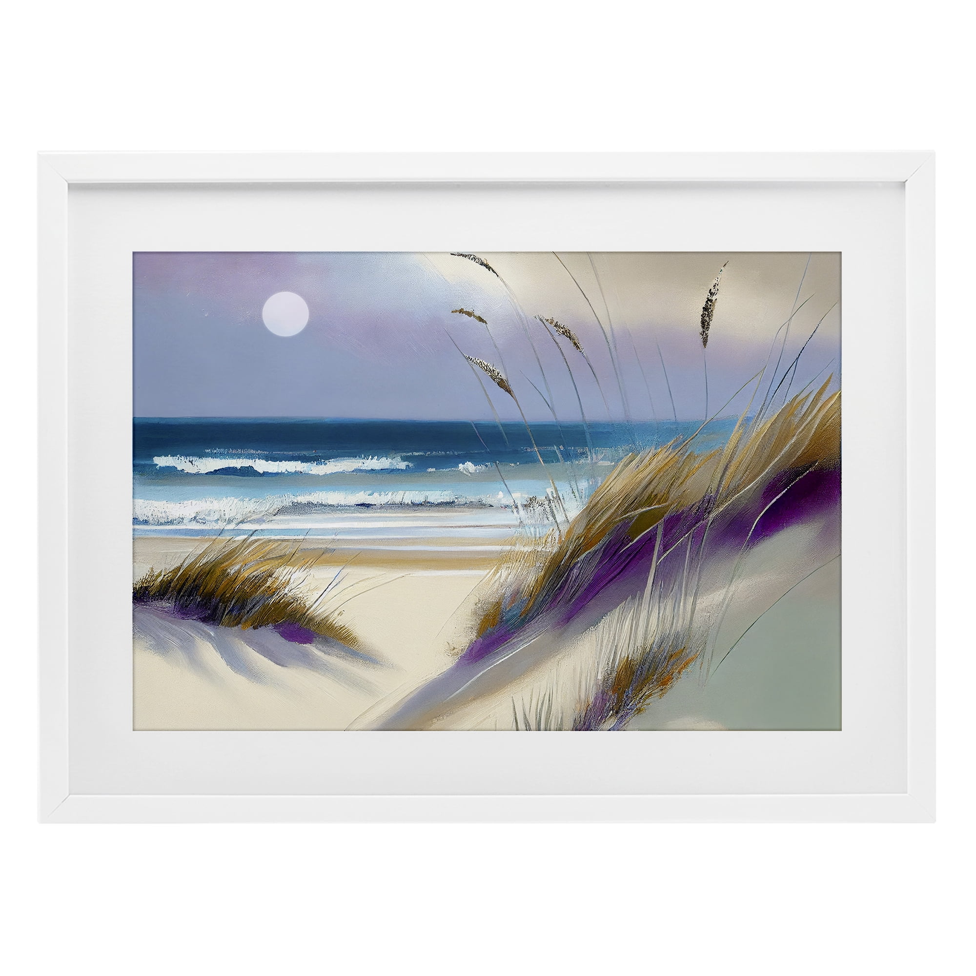 Beach Dunes Serenity White Framed Print Under Glass, design by Sasha