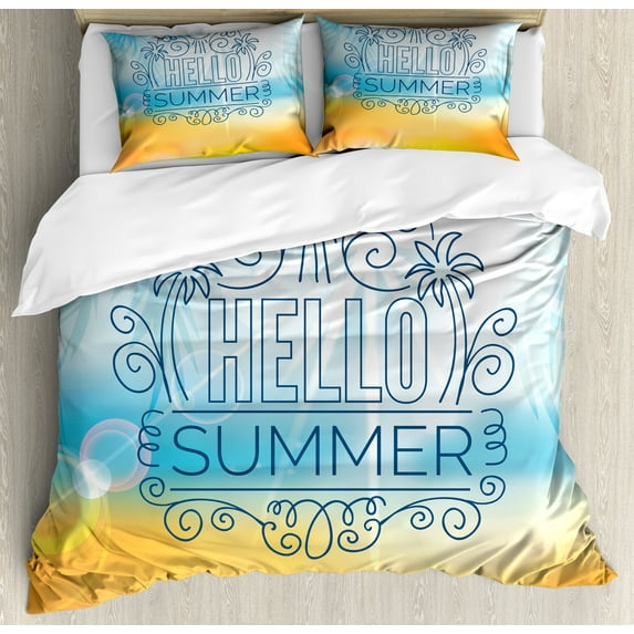Beach Duvet Cover Set, Abstract Blurry Palm Tree Sunny Seashore Relaxing Seasonal Illustration, Decorative 3 Piece Bedding Set with 2 Pillow Shams, Calking Size, Pale Blue and Marigold, by Ambesonne