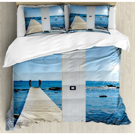 Beach Duvet Cover Set, Coastal Theme with the Ocean Sea Sunny Day Scenery with Patio from Window, Decorative 3 Piece Bedding Set with 2 Pillow Shams, Calking Size, Pale Blue and White, by Ambesonne