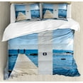 thumbnail image 1 of Beach Duvet Cover Set, Coastal Theme with the Ocean Sea Sunny Day Scenery with Patio from Window, Decorative 3 Piece Bedding Set with 2 Pillow Shams, Queen Size, Pale Blue and White, by Ambesonne, 1 of 3