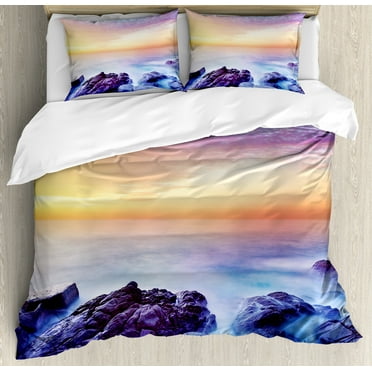 Beach Duvet Cover Set, Dream Sky with Rainbow Colors in the Morning Seascape Fantasy Imaginary Planet Photo, Decorative 3 Piece Bedding Set with 2 Pillow Shams, Calking Size, Blue Purple, by Ambesonne