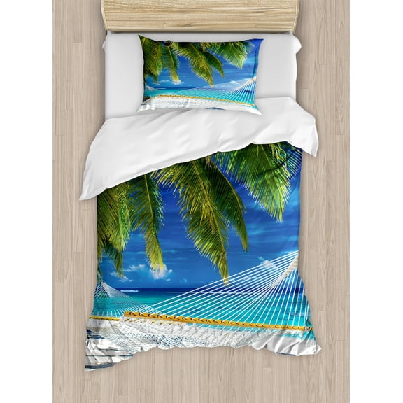 Beach Duvet Cover Set, Hammock on the Sandy Beach Between Palm Coconut Overlooking Sea Nature Art, Decorative 2 Piece Bedding Set with 1 Pillow Shams, Twin Size, Cream Navy Green, by Ambesonne