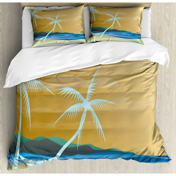 Beach Duvet Cover Set, Illustration of Hammock in the Tropical Sandy Beach with Exotic Color Ocean Print, Decorative 3 Piece Bedding Set with 2 Pillow Shams, King Size, Navy Cream, by Ambesonne