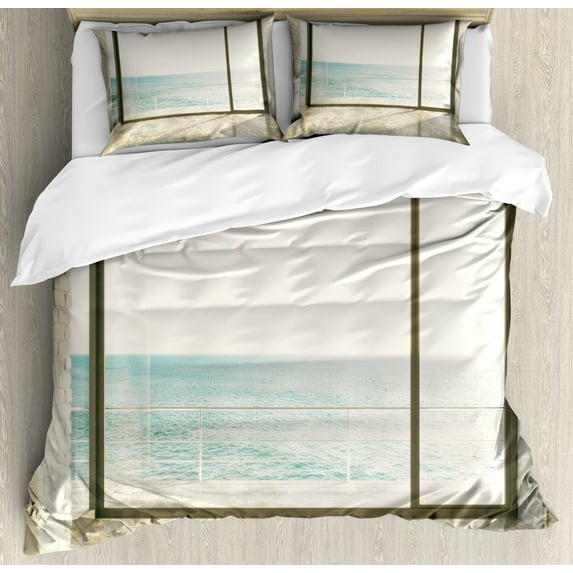 Beach Duvet Cover Set King Size, Apartment Scenery with Wavy Sea Ocean Coastal Home Design Arwork, Decorative 3 Piece Bedding Set with 2 Pillow Shams, White Black and Pale Blue, by Ambesonne