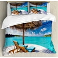 thumbnail image 1 of Beach Duvet Cover Set King Size, Maldives Scenic Seaside View Sunbeds Under Umbrella Romantic Honeymoon Theme, Decorative 3 Piece Bedding Set with 2 Pillow Shams, Brown Aqua White, by Ambesonne, 1 of 3