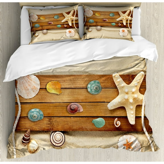 Beach Duvet Cover Set King Size, Rustic Board with Seashells on Beach Colorful Composition with Summer Season Elements, Decorative 3 Piece Bedding Set with 2 Pillow Shams, Multicolor, by Ambesonne