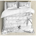 thumbnail image 1 of Beach Duvet Cover Set King Size, Seascape Sketch with Boat Palm Tree and Lighthouse Coastal Hand Drawn Artwork, Decorative 3 Piece Bedding Set with 2 Pillow Shams, Black and White, by Ambesonne, 1 of 3