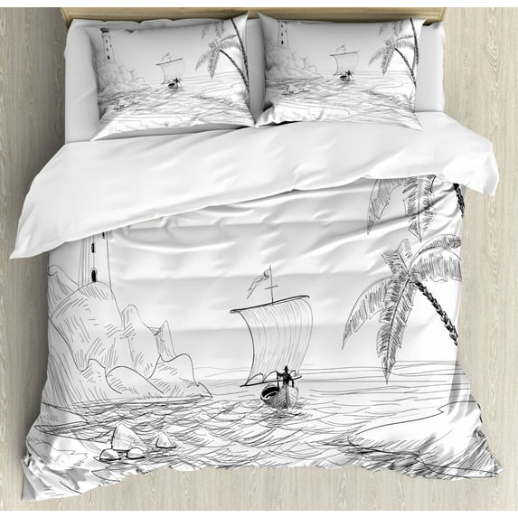 Beach Duvet Cover Set King Size, Seascape Sketch with Boat Palm Tree and Lighthouse Coastal Hand Drawn Artwork, Decorative 3 Piece Bedding Set with 2 Pillow Shams, Black and White, by Ambesonne