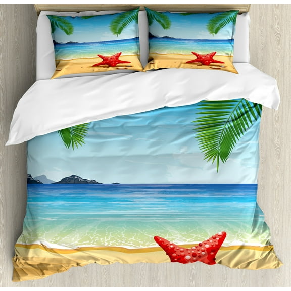 Beach Duvet Cover Set King Size, Tropical Beach Pattern with Starfish Ocean Palm Trees and Sun Rays Romantic Tourism, Decorative 3 Piece Bedding Set with 2 Pillow Shams, Multicolor, by Ambesonne