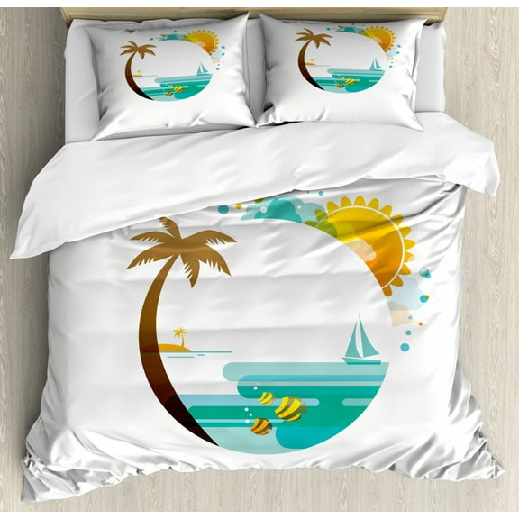 Beach Duvet Cover Set King Size, Tropical Paradise Summer Season Palm Tree Silhouette with Fish and Sun, Decorative 3 Piece Bedding Set with 2 Pillow Shams, Turquoise Marigold Brown, by Ambesonne