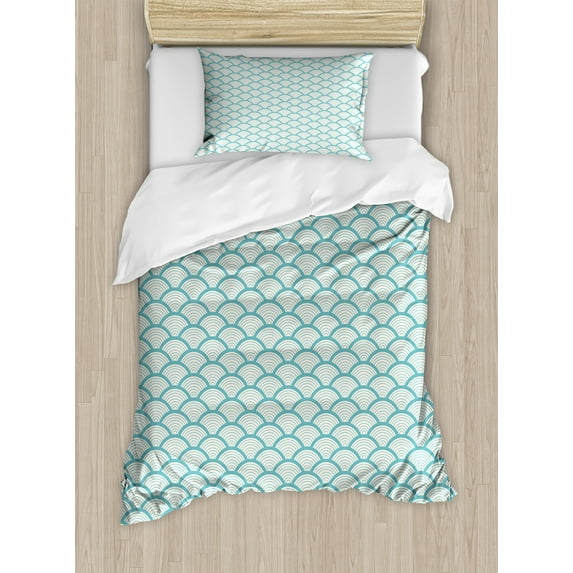 Beach Duvet Cover Set, Narrow Striped Conceptual Sea Waves Pattern Circular Rounded Rippled Swirled, Decorative 2 Piece Bedding Set with 1 Pillow Shams, Twin Size, Sky Blue White, by Ambesonne
