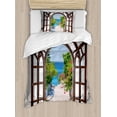 thumbnail image 1 of Beach Duvet Cover Set, Ocean Sea View from Summer Season Italian Design in Garden Image, Decorative 2 Piece Bedding Set with 1 Pillow Shams, Twin Size, Pale Blue White, by Ambesonne, 1 of 3