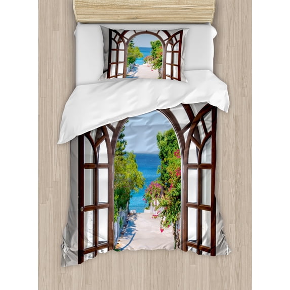 Beach Duvet Cover Set, Ocean Sea View from Summer Season Italian Design in Garden Image, Decorative 2 Piece Bedding Set with 1 Pillow Shams, Twin Size, Pale Blue White, by Ambesonne
