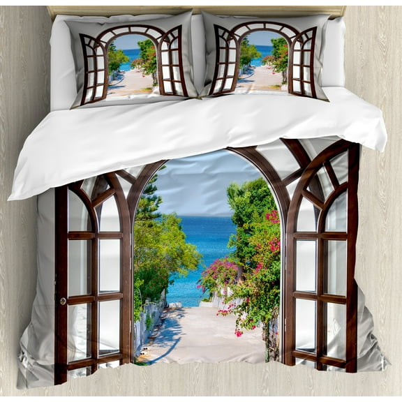 Beach Duvet Cover Set, Ocean Sea View from Summer Season Italian Design in Garden Image, Decorative 3 Piece Bedding Set with 2 Pillow Shams, Queen Size, Pale Blue White, by Ambesonne