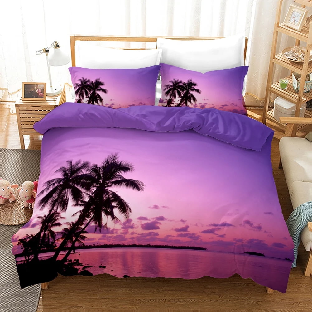 Beach Duvet Cover Set Polyester Tropical Island with The Palm Tree and