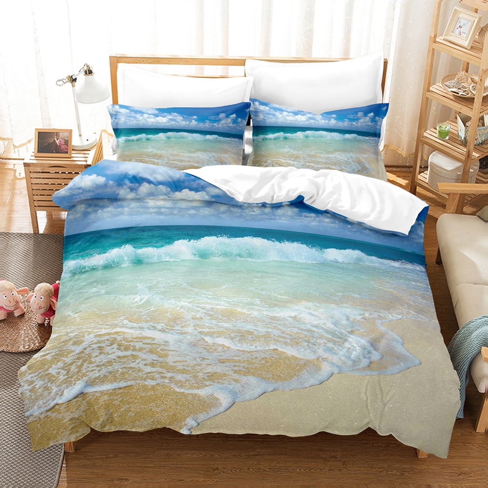 Beach Duvet Cover Set Queen Ocean Themed Bedroom Bedding Set 3 Pcs Soft Microfiber Seashell