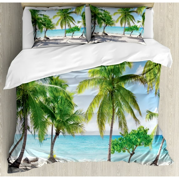 Beach Duvet Cover Set Queen Size, Palm Leaves in Catalina Island Dominic Seashore Coastal Panoramic Picture, Decorative 3 Piece Bedding Set with 2 Pillow Shams, Green Aqua Coconut, by Ambesonne