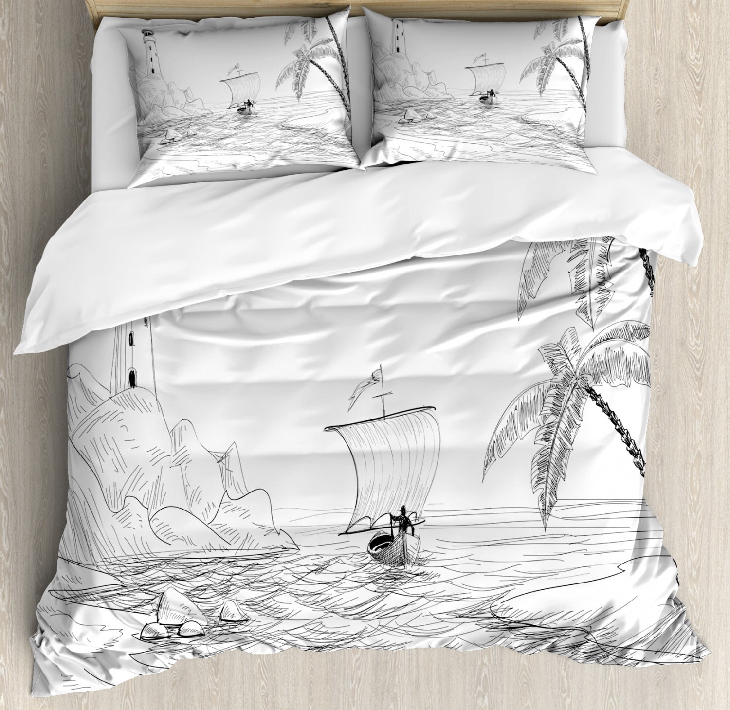 Queen Size Black and White Coastal Sketch Duvet Cover Set