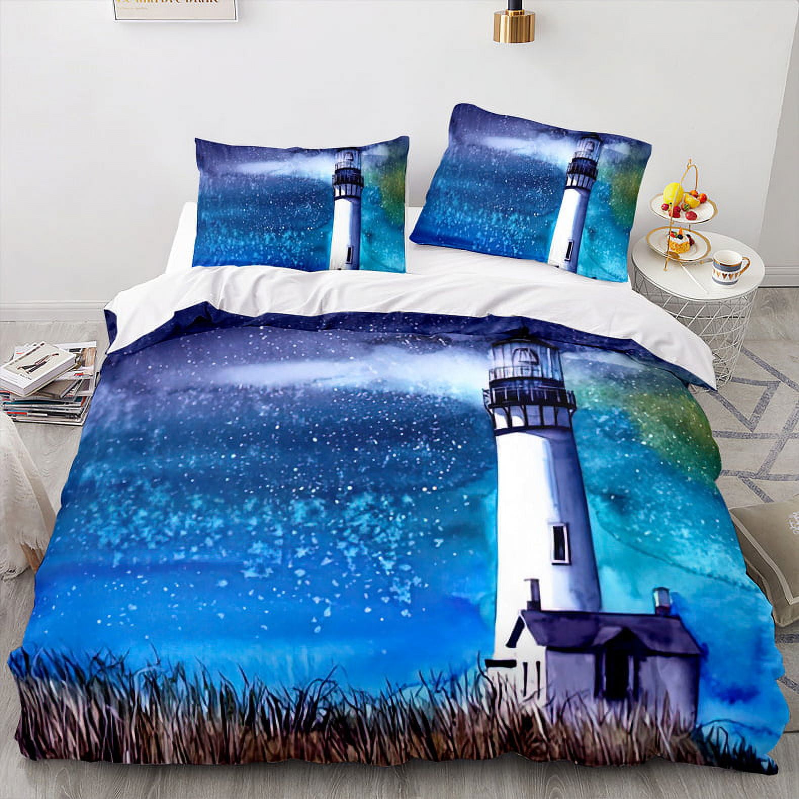 Beach Duvet Cover Set,Realistic Illustration Lighthouse on Calm