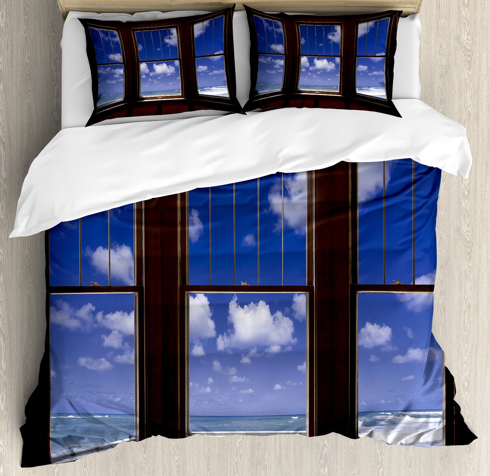 Window Bedding Beach Duvet Cover Set, Sea Ocean Scenery Waves View from Summer House ...