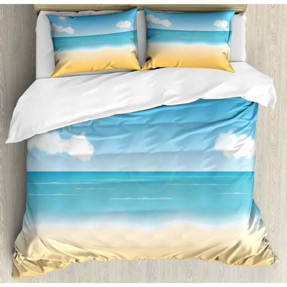 Beach Duvet Cover Set, Seascape with Sunny Sky and Clouds Relax Summer Day Illustration, Decorative 3 Piece Bedding Set with 2 Pillow Shams, King Size, Sand Brown Sky Blue, by Ambesonne