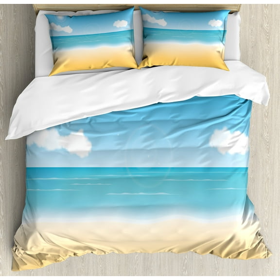 Beach Duvet Cover Set, Seascape with Sunny Sky and Clouds Relax Summer Day Illustration, Decorative 3 Piece Bedding Set with 2 Pillow Shams, Queen Size, Sand Brown Sky Blue, by Ambesonne