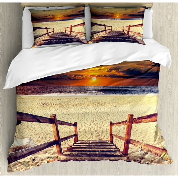 Beach Duvet Cover Set, Stairs Lead to the Beach with Dramatic Horizon Scenery Magic Skyline Solitude Print, Decorative 3 Piece Bedding Set with 2 Pillow Shams, King Size, Orange Cream, by Ambesonne