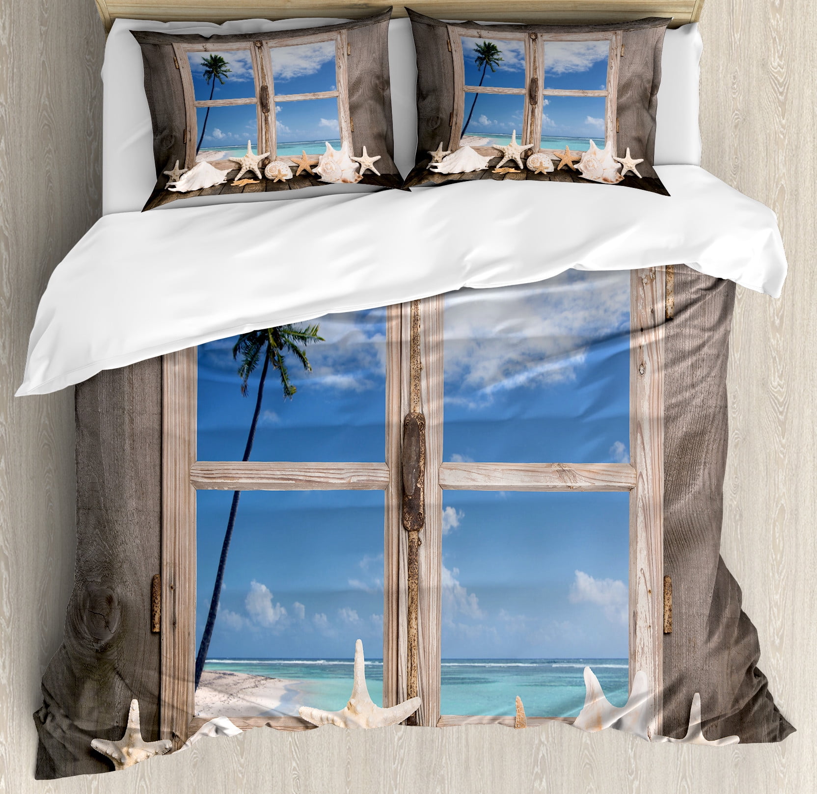 Beach Duvet Cover Set, Summer Holiday with Seashells Starfish and Palm ...