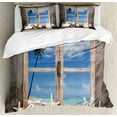 thumbnail image 1 of Beach Duvet Cover Set, Summer Holiday with Seashells Starfish and Palm Tree Ocean Print, Decorative 3 Piece Bedding Set with 2 Pillow Shams, Queen Size, Pale Brown Sky Blue, by Ambesonne, 1 of 3