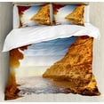 thumbnail image 1 of Beach Duvet Cover Set, Sunset in Pacific Paradise Ocean Cave with Morning Horizon Stone Calm Seacoast Art, Decorative 3 Piece Bedding Set with 2 Pillow Shams, Calking Size, Cream Blue, by Ambesonne, 1 of 3