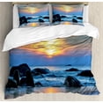 thumbnail image 1 of Beach Duvet Cover Set, Sunset Scenery in Sandy Beach with Rocks and Waves Lonely Peace Morning Dream Earth, Decorative 3 Piece Bedding Set with 2 Pillow Shams, Queen Size, Blue Yellow, by Ambesonne, 1 of 3