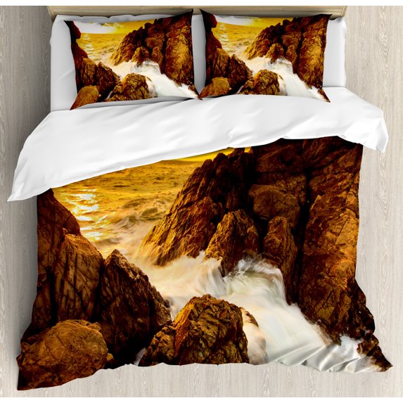 Beach Duvet Cover Set, Sunset and Waves over Tropical Wild Rocks on Beach Heaven Nature Summer Calm Print, Decorative 3 Piece Bedding Set with 2 Pillow Shams, Queen Size, Orange Grey, by Ambesonne