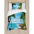 thumbnail image 1 of Beach Duvet Cover Set, Tropical Ocean Scenery with Palm Trees and Fishing Boats Caribbean Landscape, Decorative 2 Piece Bedding Set with 1 Pillow Shams, Twin Size, Green and Blue, by Ambesonne, 1 of 3