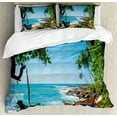 thumbnail image 1 of Beach Duvet Cover Set, Tropical Ocean Scenery with Palm Trees and Fishing Boats Caribbean Landscape, Decorative 3 Piece Bedding Set with 2 Pillow Shams, Calking Size, Green and Blue, by Ambesonne, 1 of 3