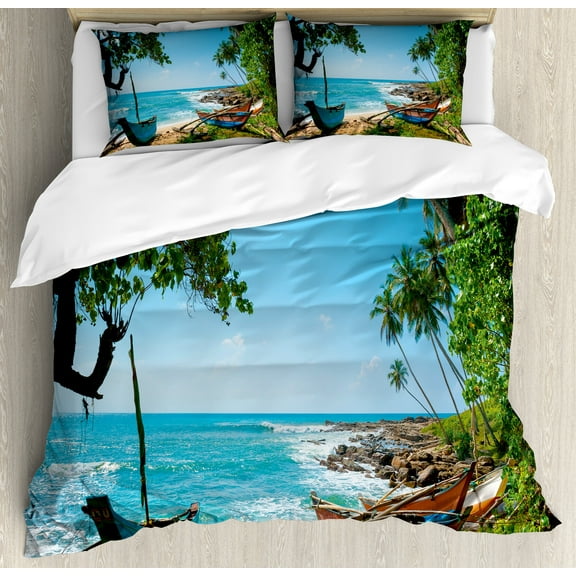 Beach Duvet Cover Set, Tropical Ocean Scenery with Palm Trees and Fishing Boats Caribbean Landscape, Decorative 3 Piece Bedding Set with 2 Pillow Shams, Calking Size, Green and Blue, by Ambesonne