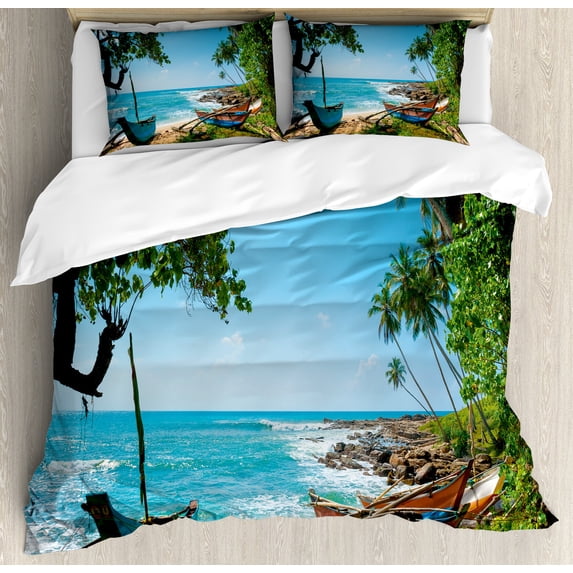 Beach Duvet Cover Set, Tropical Ocean Scenery with Palm Trees and Fishing Boats Caribbean Landscape, Decorative 3 Piece Bedding Set with 2 Pillow Shams, Queen Size, Green and Blue, by Ambesonne